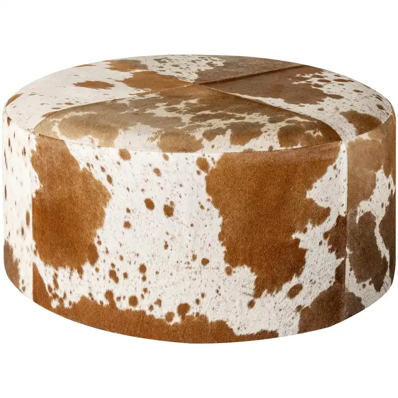 Pouf Rond en Peau de Vachettes Marron et Blanc, Structure en Bois, Style Rustique