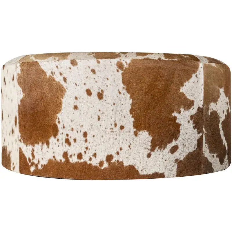 Pouf Rond en Peau de Vachettes Marron et Blanc, Structure en Bois, Style Rustique