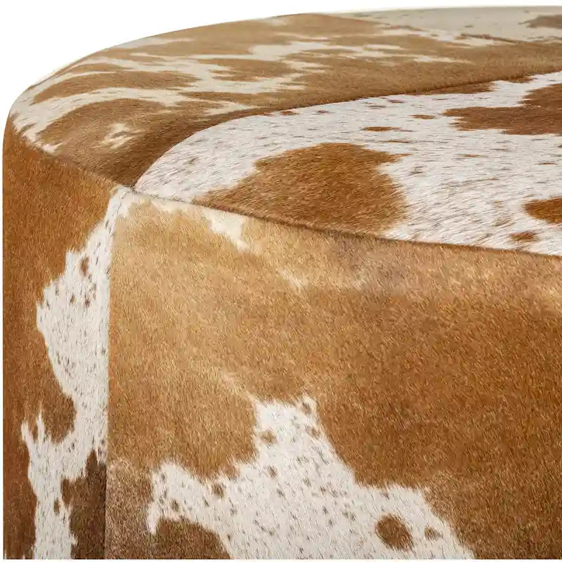 Pouf Rond en Peau de Vachettes Marron et Blanc, Structure en Bois, Style Rustique