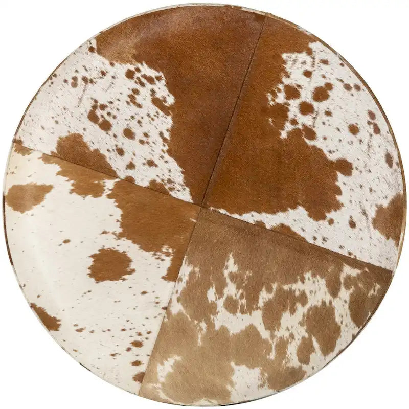 Pouf Rond en Peau de Vachettes Marron et Blanc, Structure en Bois, Style Rustique