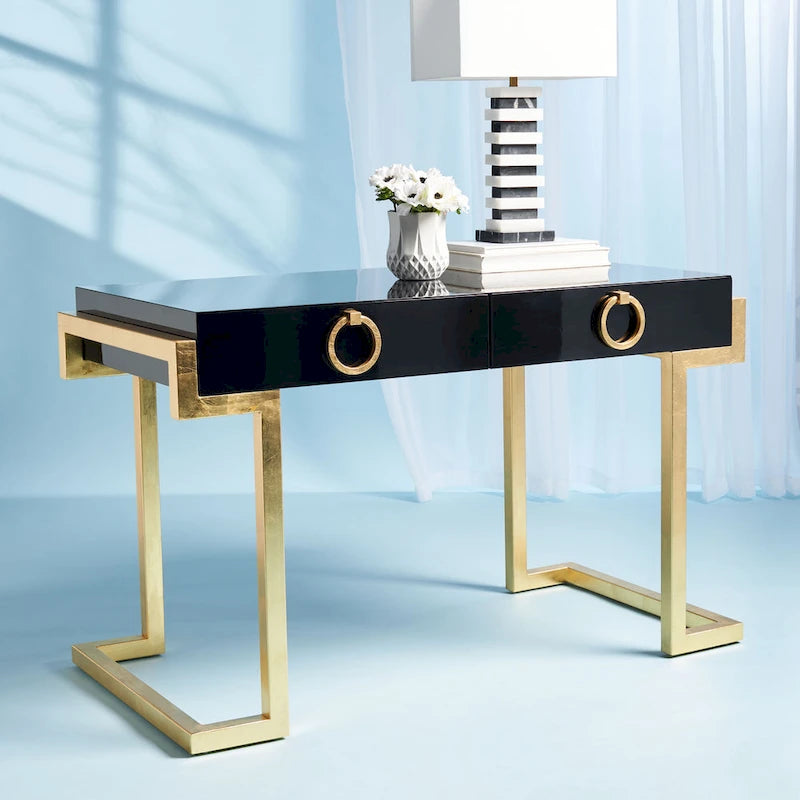 Bureau Art Déco 2 tiroirs Chêne cérusé noir Base acier inoxydable Anneaux de tirage