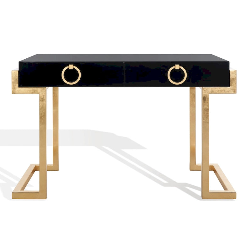 Bureau Art Déco 2 tiroirs Chêne cérusé noir Base acier inoxydable Anneaux de tirage