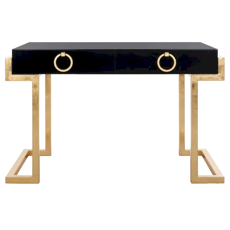 Bureau Art Déco 2 tiroirs Chêne cérusé noir Base acier inoxydable Anneaux de tirage
