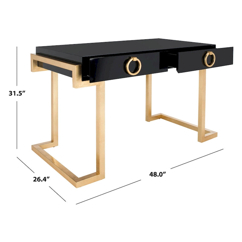 Bureau Art Déco 2 tiroirs Chêne cérusé noir Base acier inoxydable Anneaux de tirage