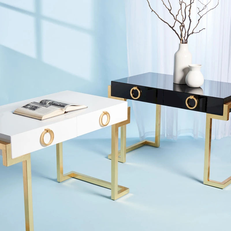 Bureau Art Déco 2 tiroirs Chêne cérusé noir Base acier inoxydable Anneaux de tirage