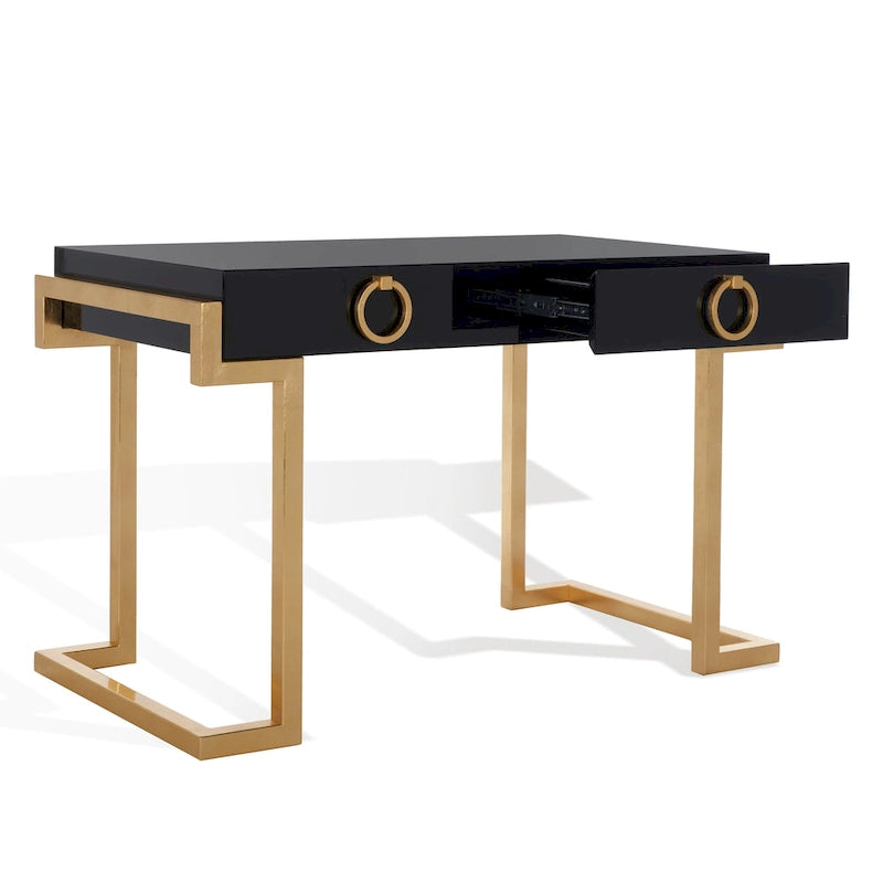 Bureau Art Déco 2 tiroirs Chêne cérusé noir Base acier inoxydable Anneaux de tirage