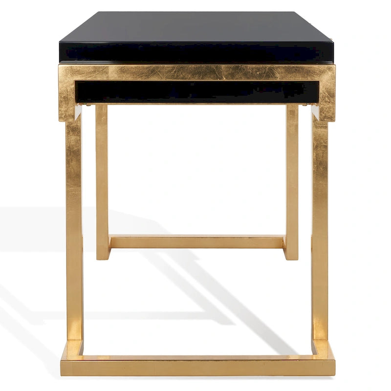 Bureau Art Déco 2 tiroirs Chêne cérusé noir Base acier inoxydable Anneaux de tirage