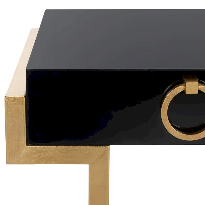Bureau Art Déco 2 tiroirs Chêne cérusé noir Base acier inoxydable Anneaux de tirage