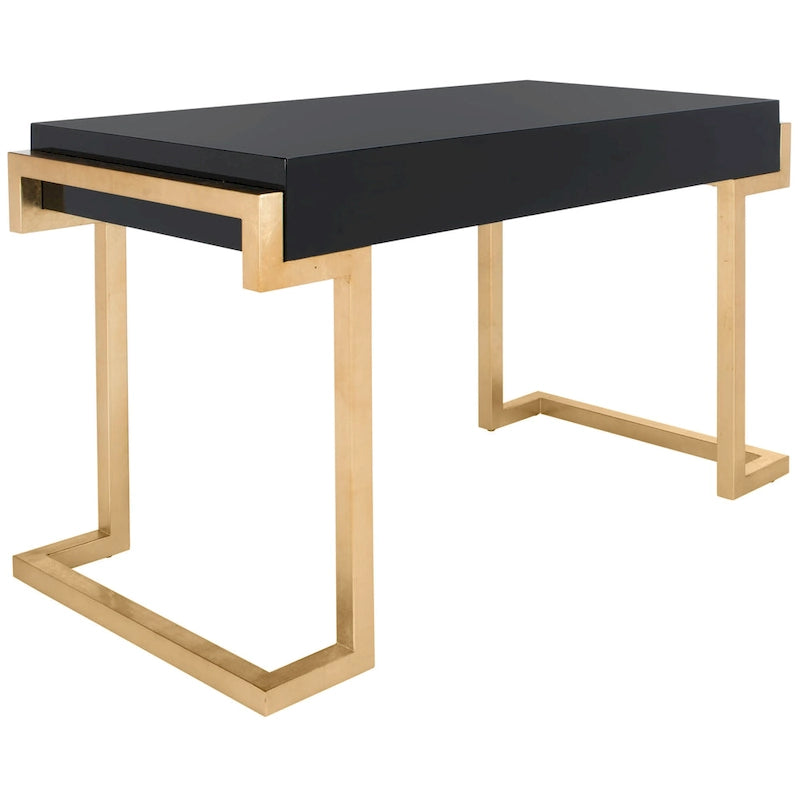 Bureau Art Déco 2 tiroirs Chêne cérusé noir Base acier inoxydable Anneaux de tirage