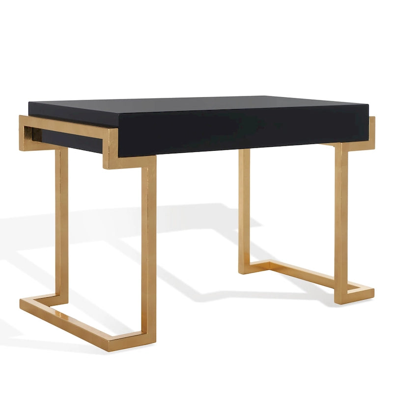 Bureau Art Déco 2 tiroirs Chêne cérusé noir Base acier inoxydable Anneaux de tirage
