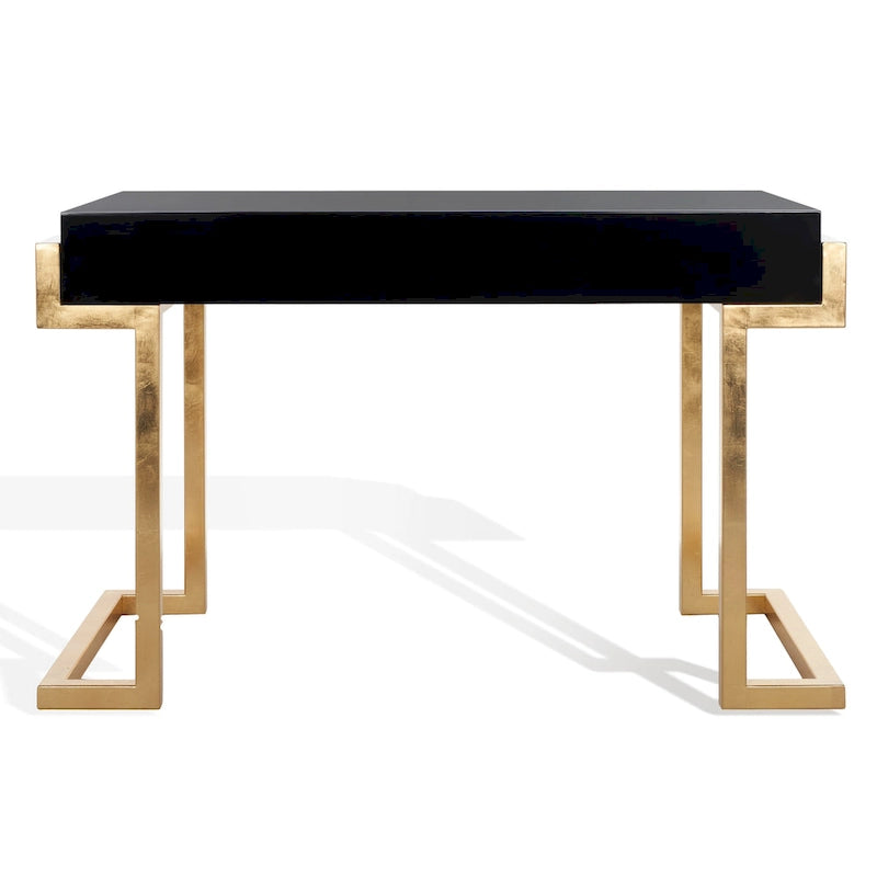 Bureau Art Déco 2 tiroirs Chêne cérusé noir Base acier inoxydable Anneaux de tirage