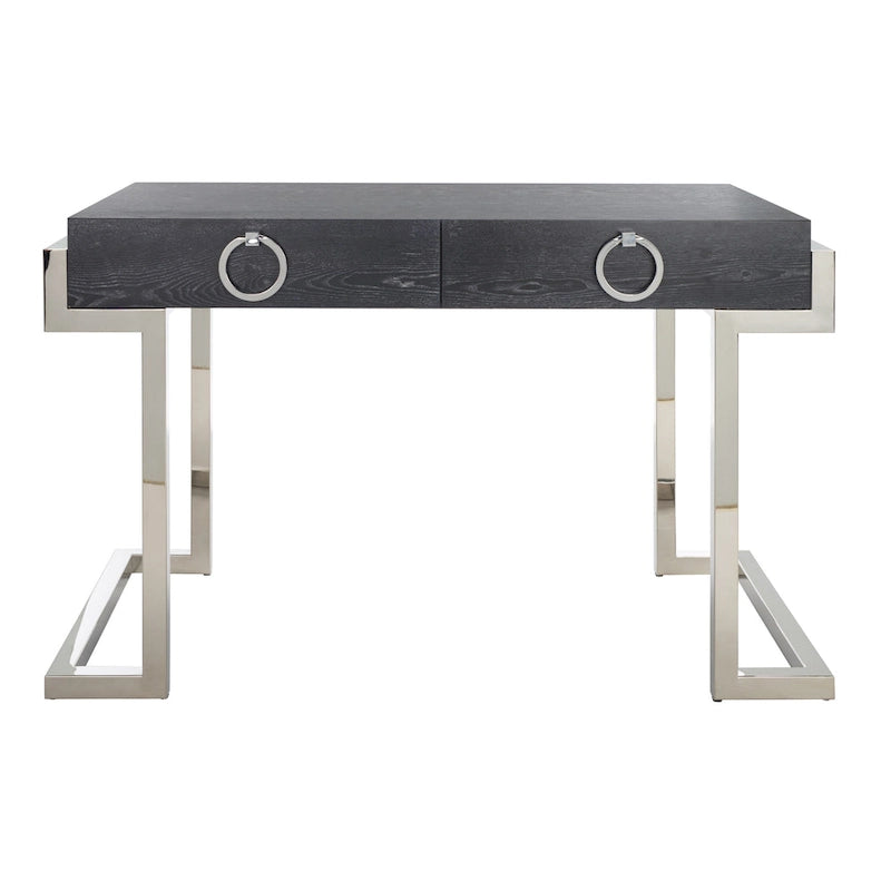 Bureau Art Déco 2 tiroirs Chêne cérusé noir Base acier inoxydable Anneaux de tirage