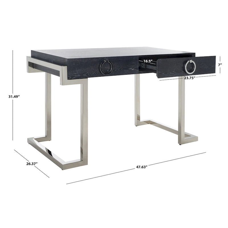 Bureau Art Déco 2 tiroirs Chêne cérusé noir Base acier inoxydable Anneaux de tirage