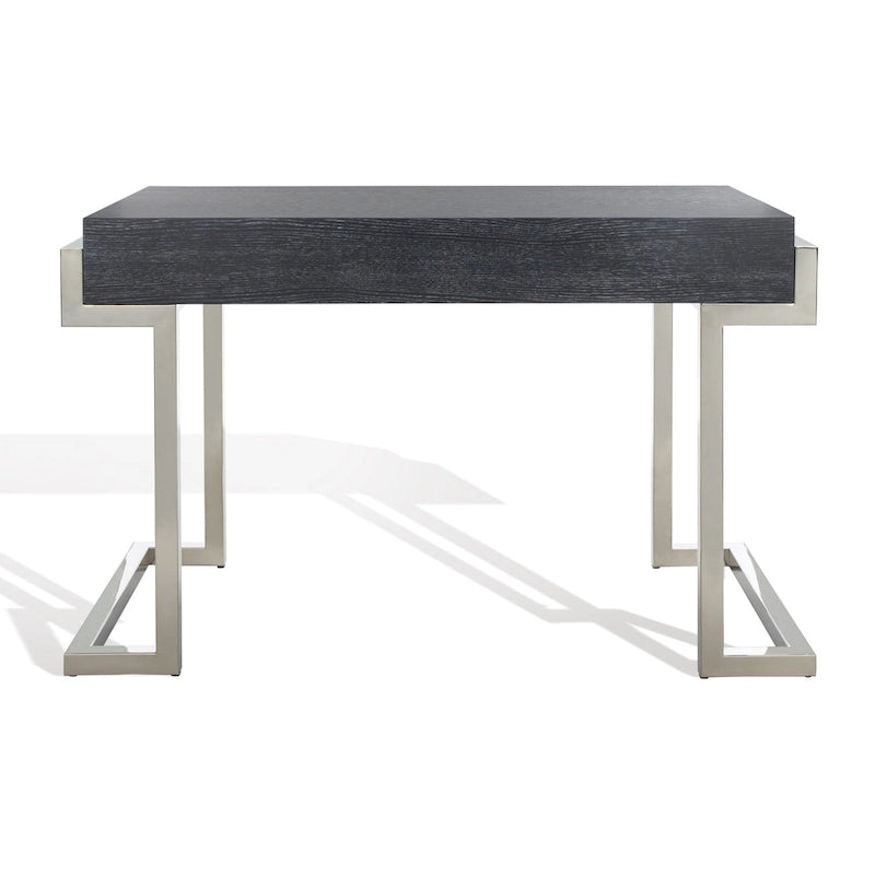 Bureau Art Déco 2 tiroirs Chêne cérusé noir Base acier inoxydable Anneaux de tirage