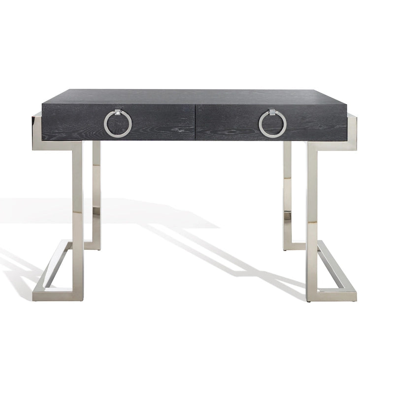 Bureau Art Déco 2 tiroirs Chêne cérusé noir Base acier inoxydable Anneaux de tirage