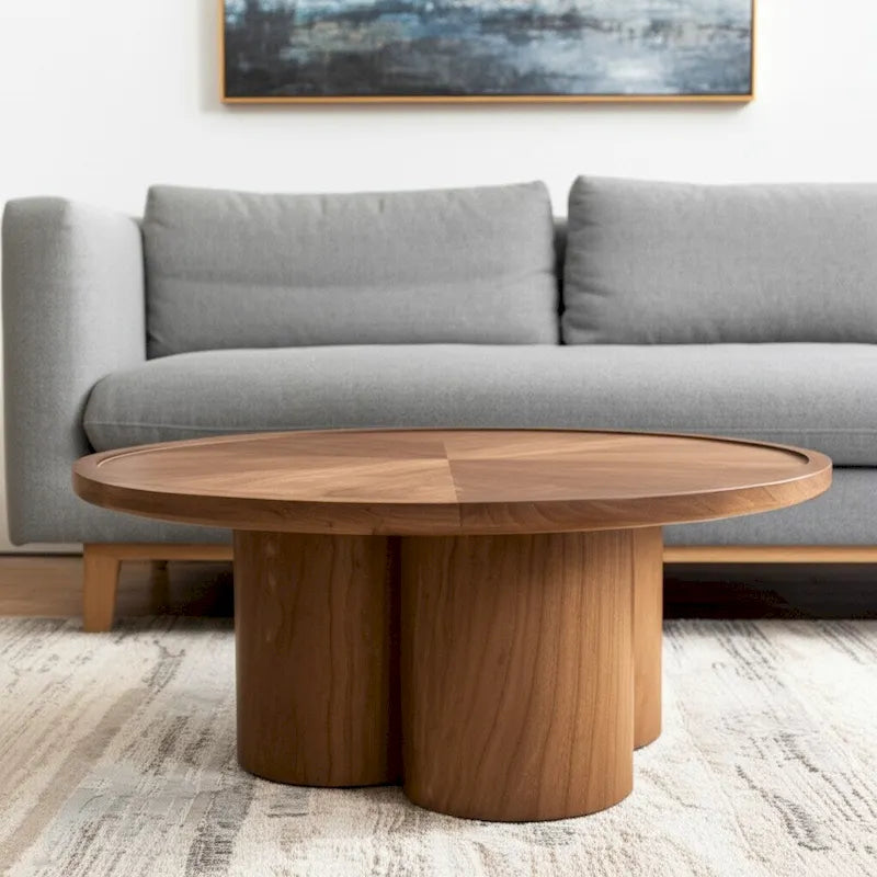 Table basse ronde de 99 cm en orme massif, piètement central à trois colonnes, naturel