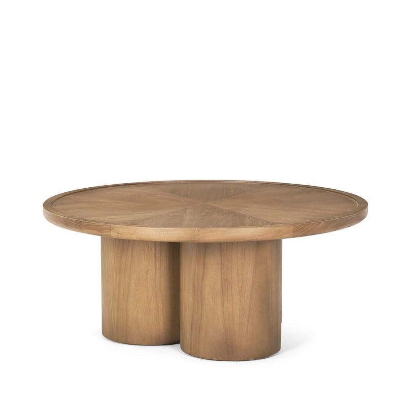 Table basse ronde de 99 cm en orme massif, piètement central à trois colonnes, naturel