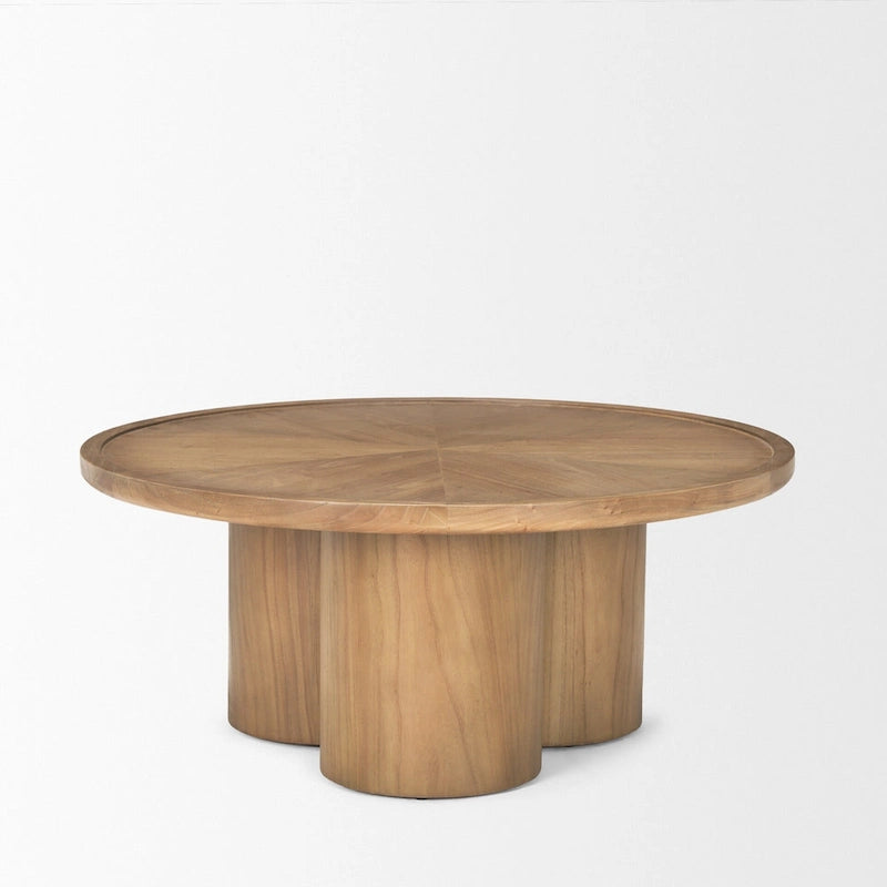 Table basse ronde de 99 cm en orme massif, piètement central à trois colonnes, naturel