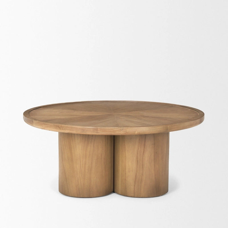 Table basse ronde de 99 cm en orme massif, piètement central à trois colonnes, naturel