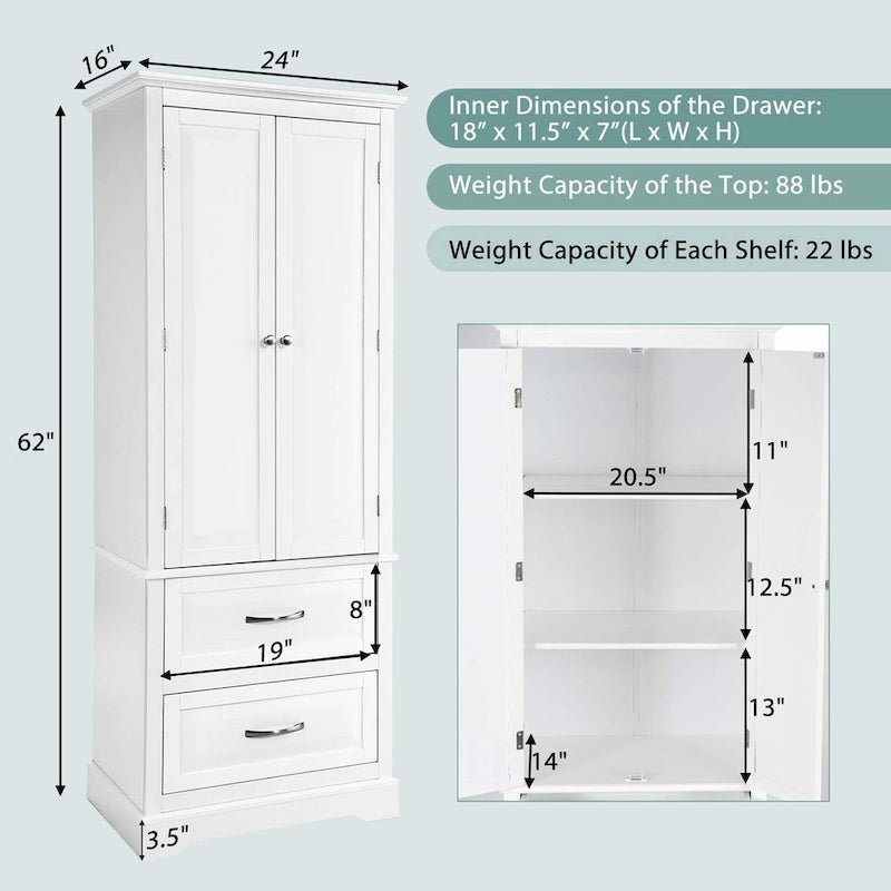 Meuble de Rangement de Salle de Bain Autoportant Blanc 2 Tiroirs de 157 cm de Haut