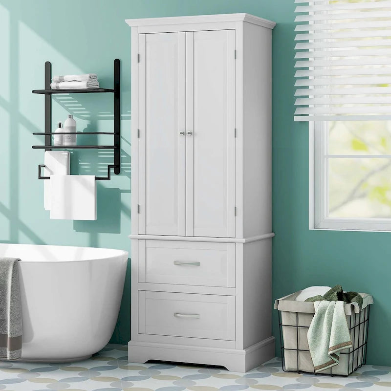 Meuble de Rangement de Salle de Bain Autoportant Blanc 2 Tiroirs de 157 cm de Haut