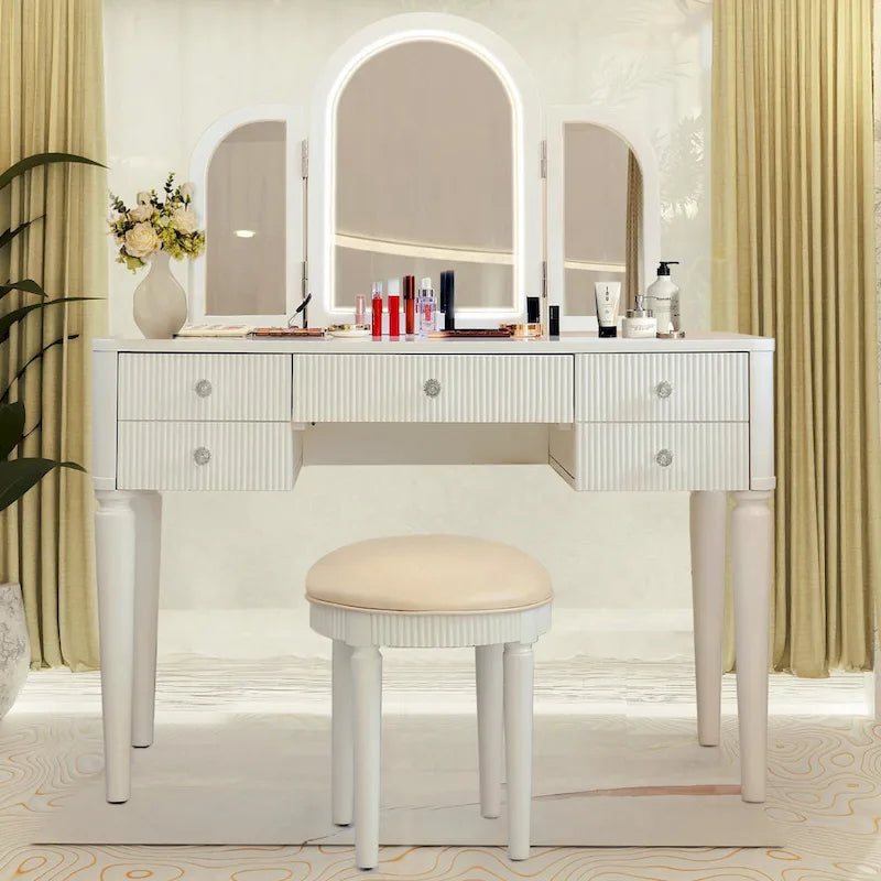 Coiffeuse Miroir LED Tiroirs Cannelés Champagne Poignées Cristal Tabouret