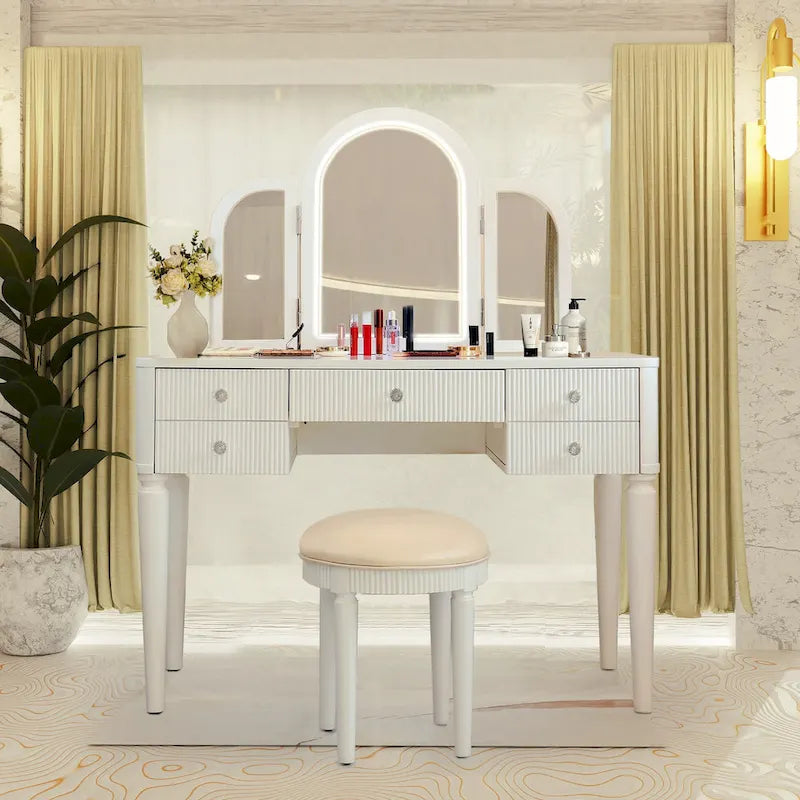 Coiffeuse Miroir LED Tiroirs Cannelés Champagne Poignées Cristal Tabouret