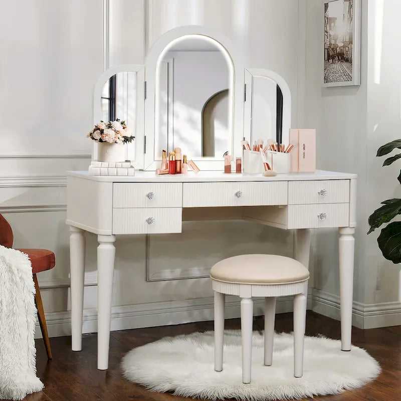 Coiffeuse Miroir LED Tiroirs Cannelés Champagne Poignées Cristal Tabouret