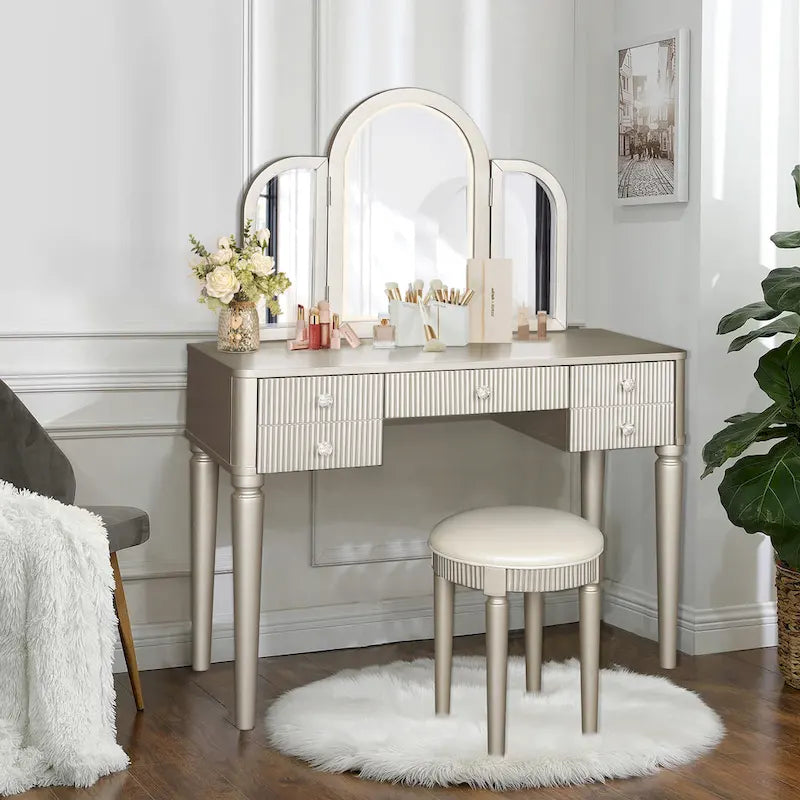Coiffeuse Miroir LED Tiroirs Cannelés Champagne Poignées Cristal Tabouret