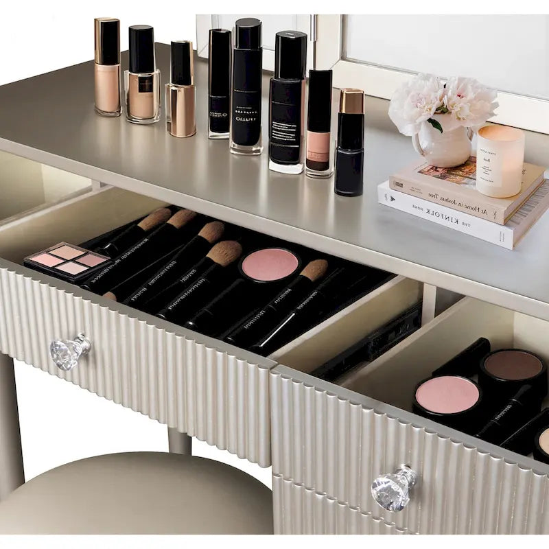 Coiffeuse Miroir LED Tiroirs Cannelés Champagne Poignées Cristal Tabouret