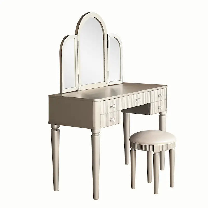 Coiffeuse Miroir LED Tiroirs Cannelés Champagne Poignées Cristal Tabouret
