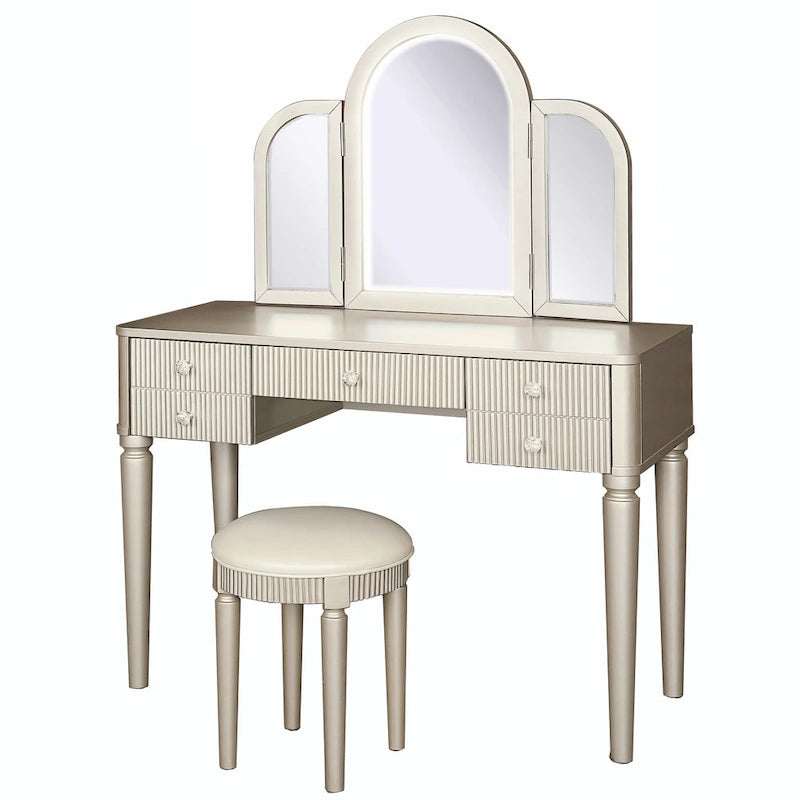 Coiffeuse Miroir LED Tiroirs Cannelés Champagne Poignées Cristal Tabouret