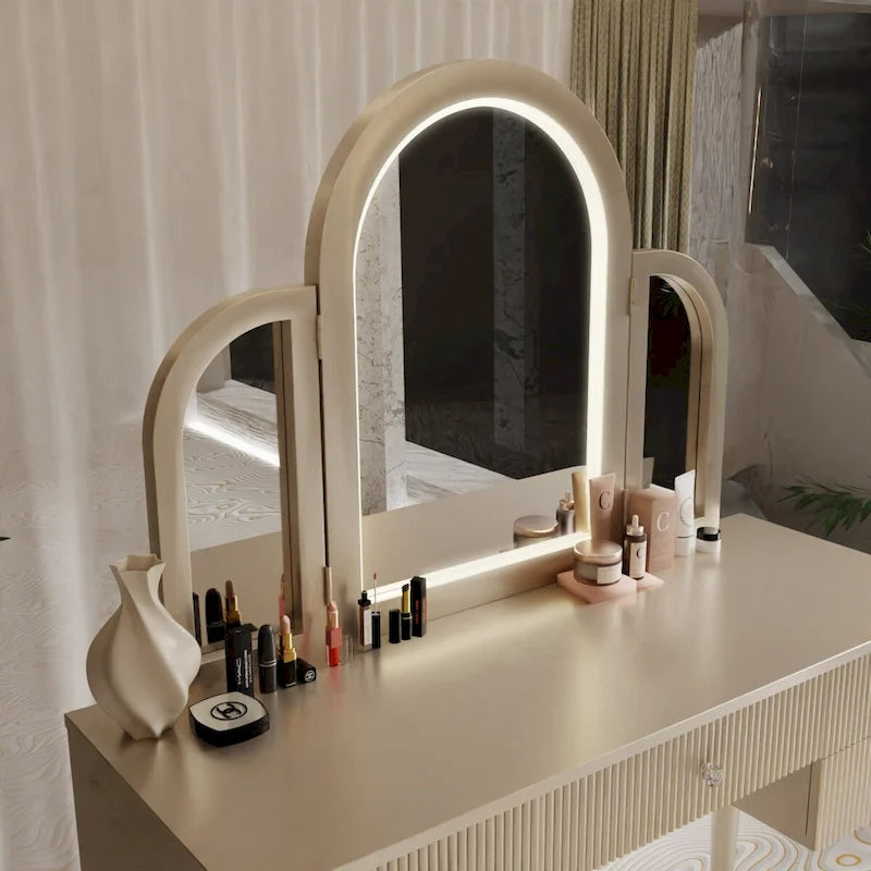 Coiffeuse Miroir LED Tiroirs Cannelés Champagne Poignées Cristal Tabouret