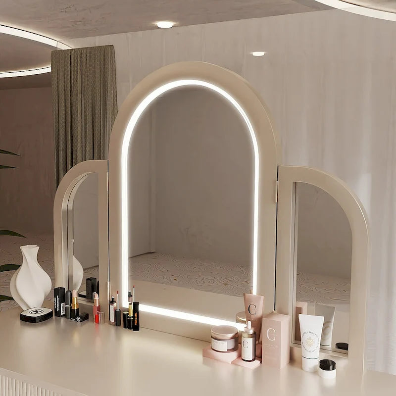 Coiffeuse Miroir LED Tiroirs Cannelés Champagne Poignées Cristal Tabouret