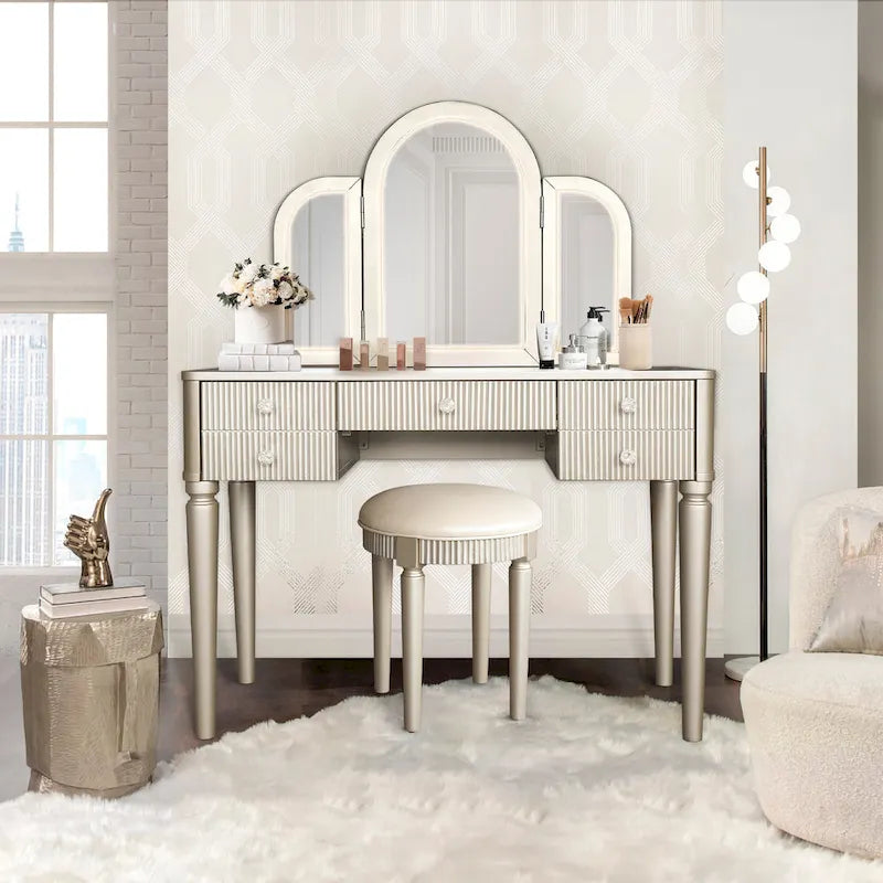 Coiffeuse Miroir LED Tiroirs Cannelés Champagne Poignées Cristal Tabouret