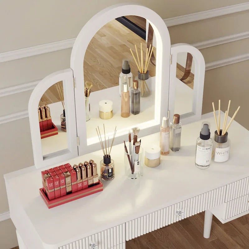 Coiffeuse Miroir LED Tiroirs Cannelés Champagne Poignées Cristal Tabouret