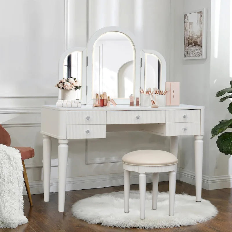 Coiffeuse Miroir LED Tiroirs Cannelés Champagne Poignées Cristal Tabouret