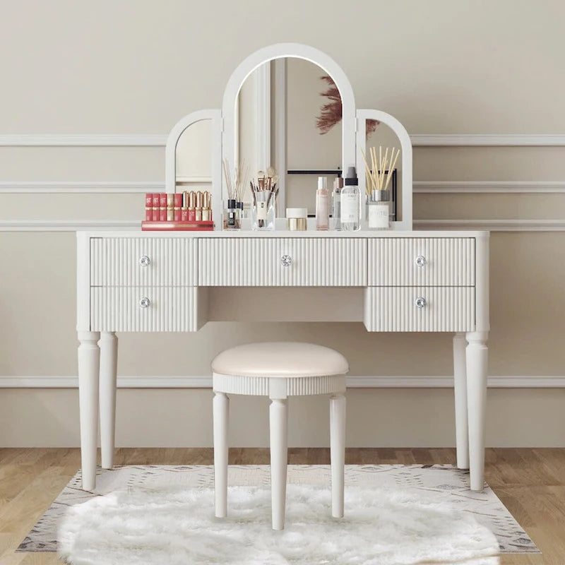 Coiffeuse Miroir LED Tiroirs Cannelés Champagne Poignées Cristal Tabouret