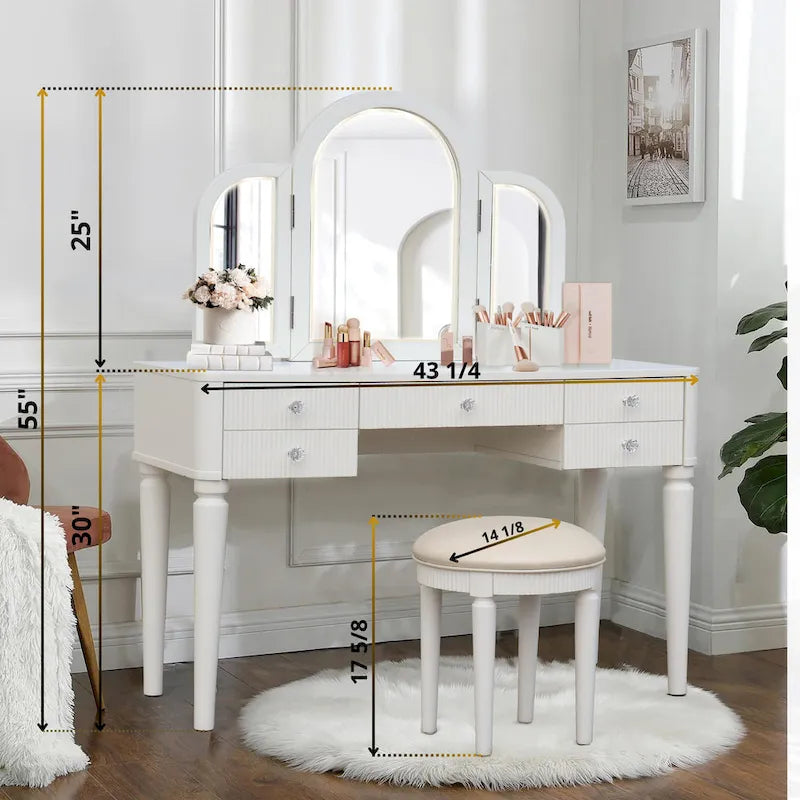 Coiffeuse Miroir LED Tiroirs Cannelés Champagne Poignées Cristal Tabouret