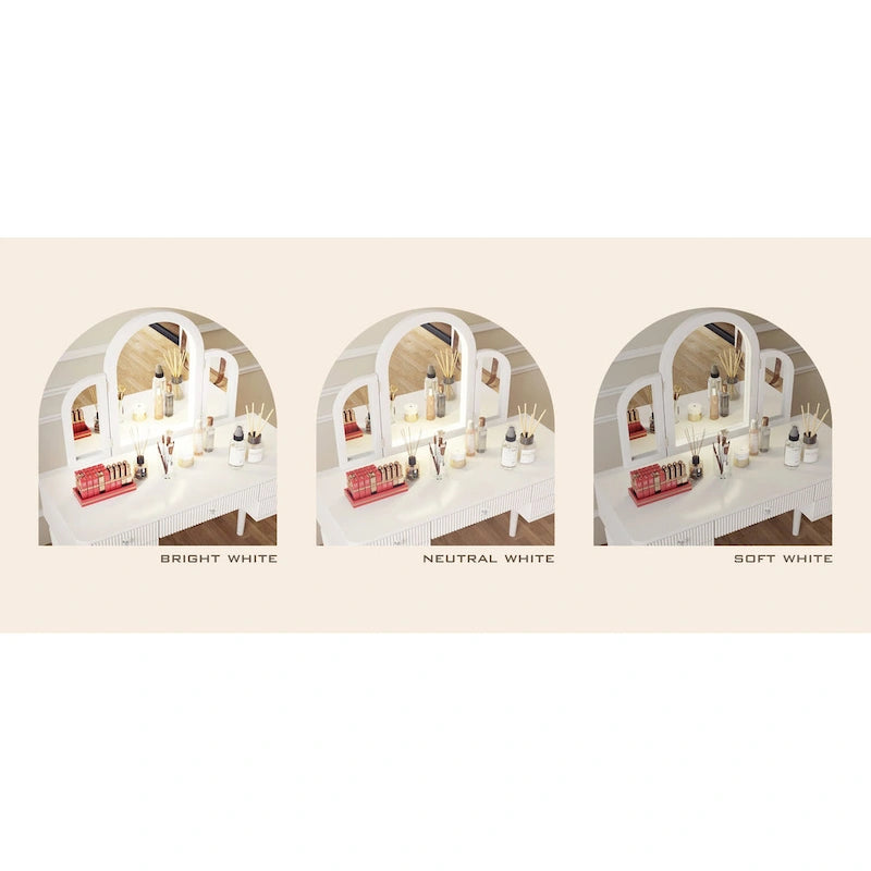 Coiffeuse Miroir LED Tiroirs Cannelés Champagne Poignées Cristal Tabouret