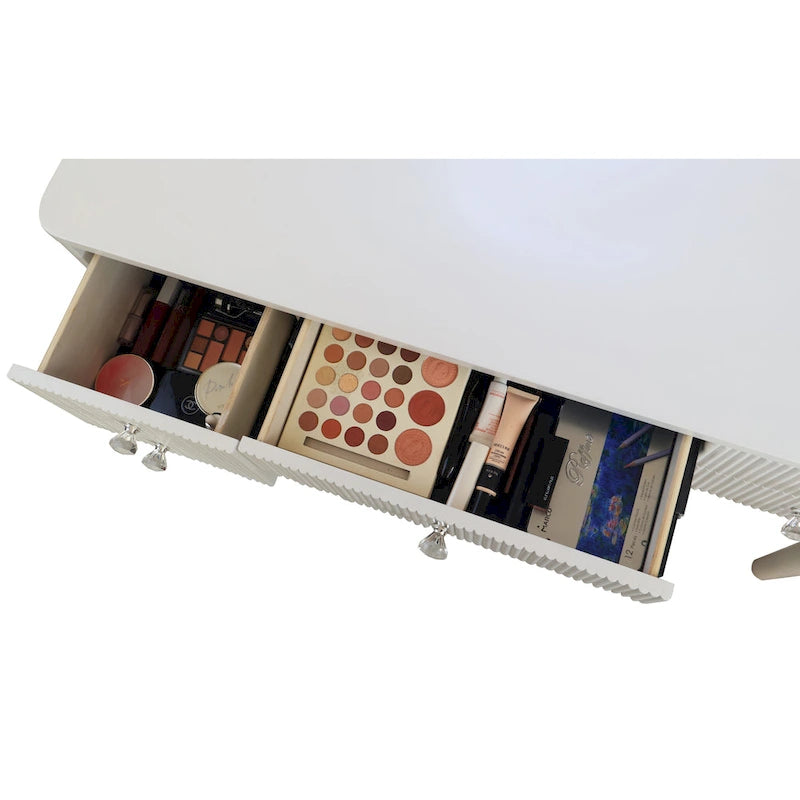 Coiffeuse Miroir LED Tiroirs Cannelés Champagne Poignées Cristal Tabouret