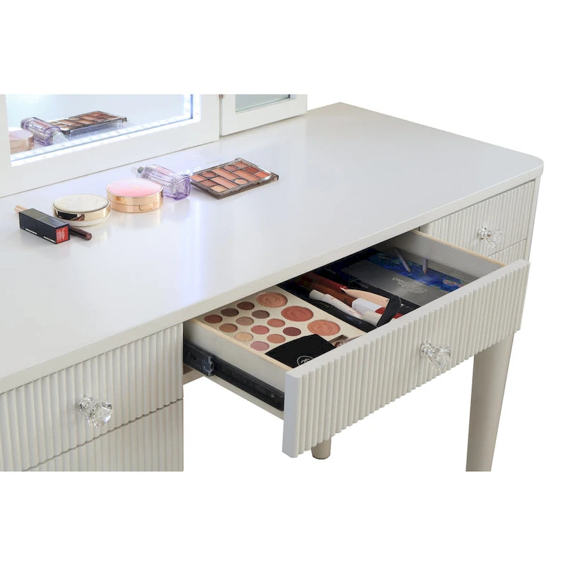 Coiffeuse Miroir LED Tiroirs Cannelés Champagne Poignées Cristal Tabouret