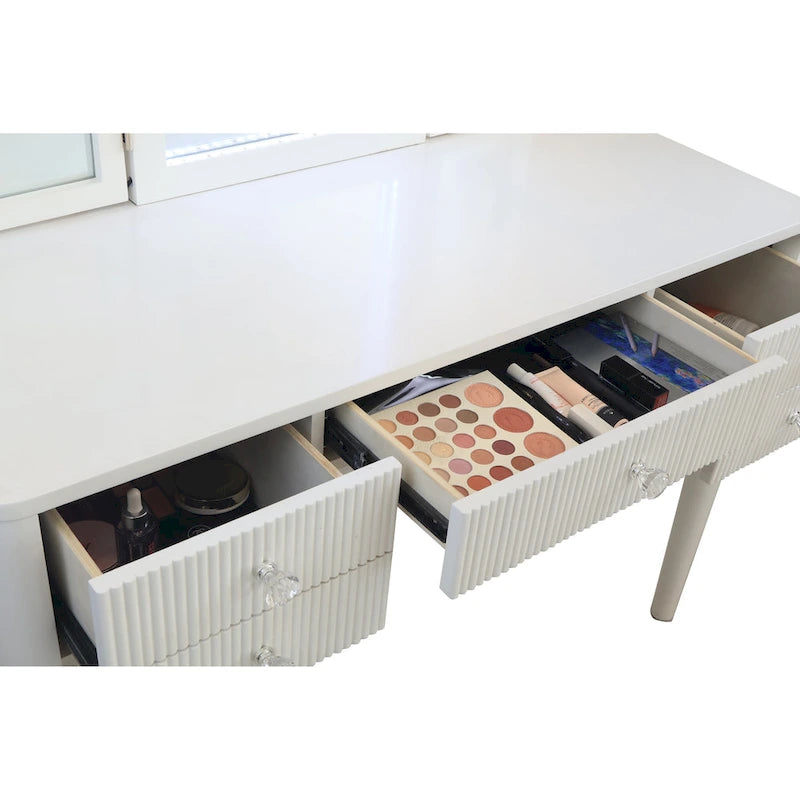 Coiffeuse Miroir LED Tiroirs Cannelés Champagne Poignées Cristal Tabouret