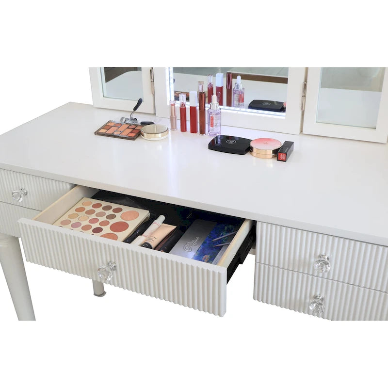 Coiffeuse Miroir LED Tiroirs Cannelés Champagne Poignées Cristal Tabouret