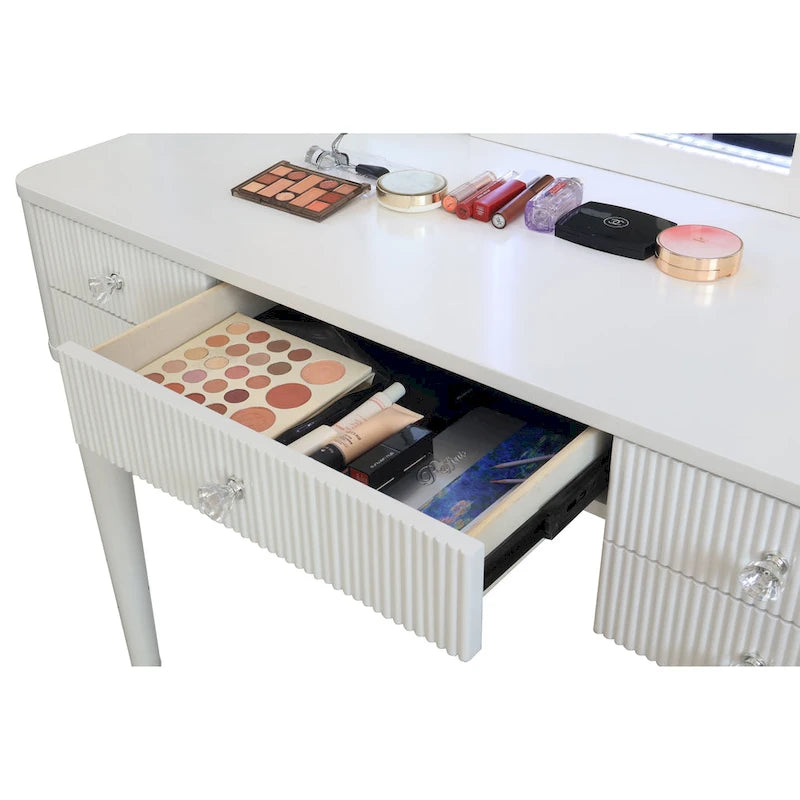 Coiffeuse Miroir LED Tiroirs Cannelés Champagne Poignées Cristal Tabouret