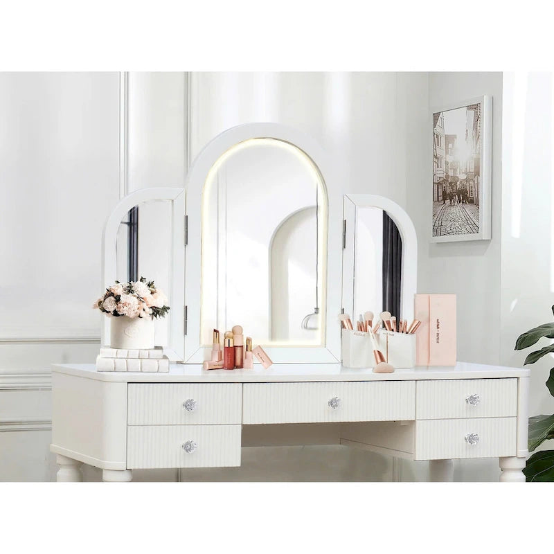 Coiffeuse Miroir LED Tiroirs Cannelés Champagne Poignées Cristal Tabouret