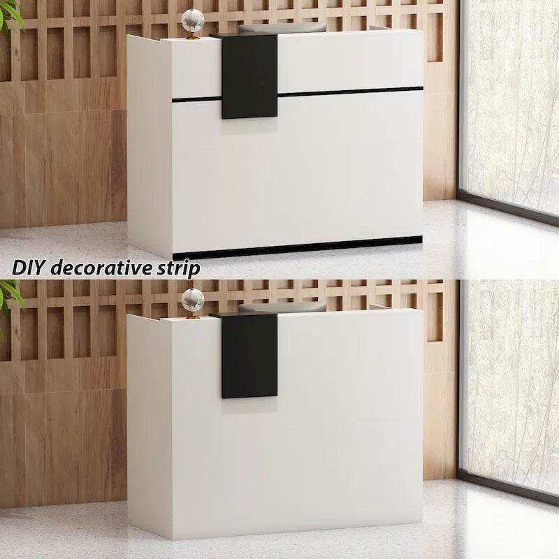 Comptoir de réception moderne en L, blanc et noir, en mélamine de qualité commerciale avec rangement