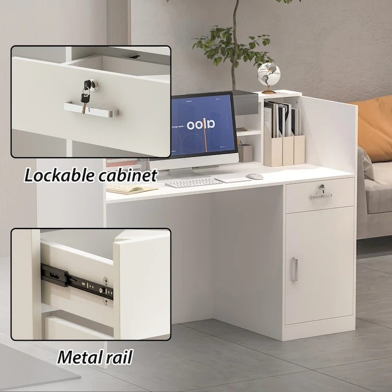 Comptoir de réception moderne en L, blanc et noir, en mélamine de qualité commerciale avec rangement