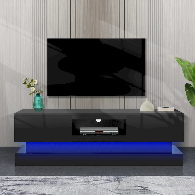 Meuble TV laqué 16 lumières LED RGB 2 tiroirs Étagère ouverte Pour téléviseur jusqu'à 65 pouces