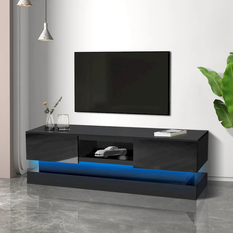 Meuble TV laqué 16 lumières LED RGB 2 tiroirs Étagère ouverte Pour téléviseur jusqu'à 65 pouces